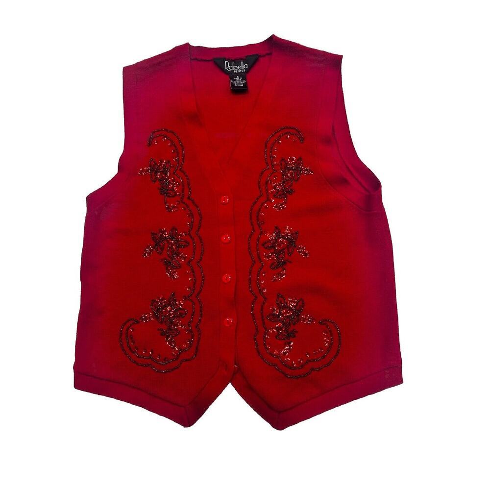 Women’s Red Sweater Holiday Vest Rafaella Brand Sz Small 50% Merino Wool Beads